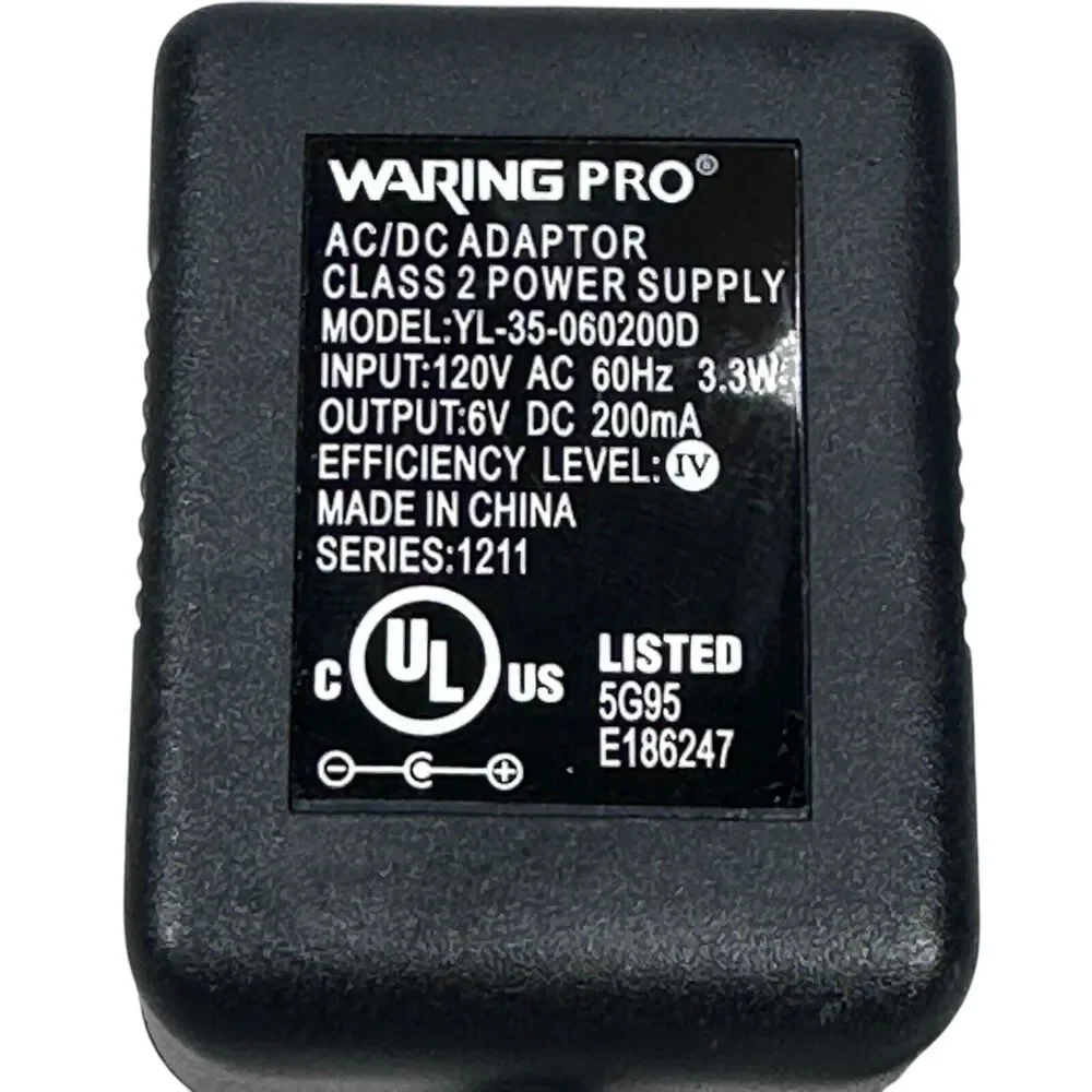 Waring Pro Wine‎ Opener YL-35-060200D Class 2 Power Supply Adapter Black 6V
